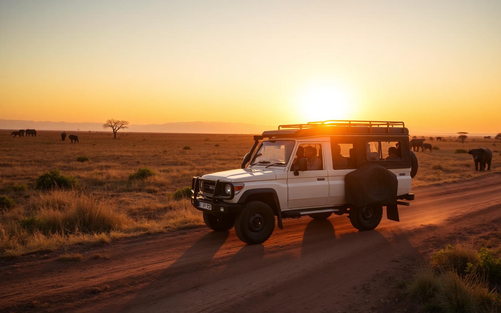 Safari vehicle parked in a scenic location